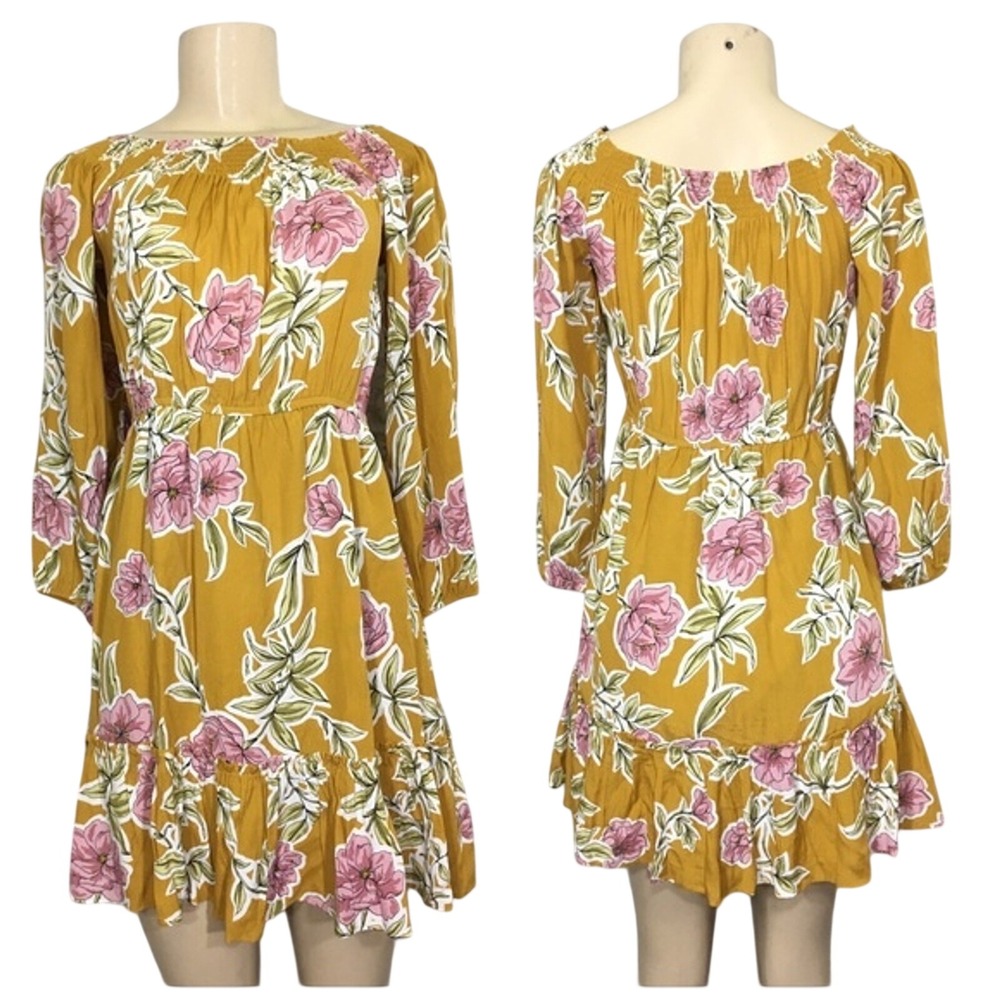 Cupcakes and Cashmere Floral Mini Dress Womens Small Mustard Pink Smocked Ruffle